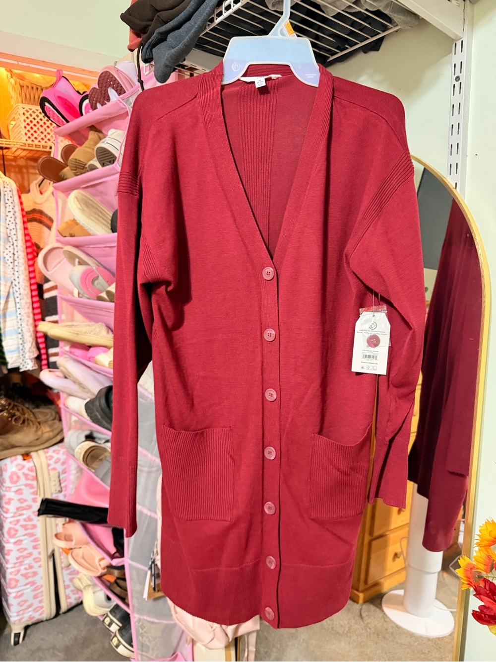 Time and Tru Long Button-Front Cardigan in Wine